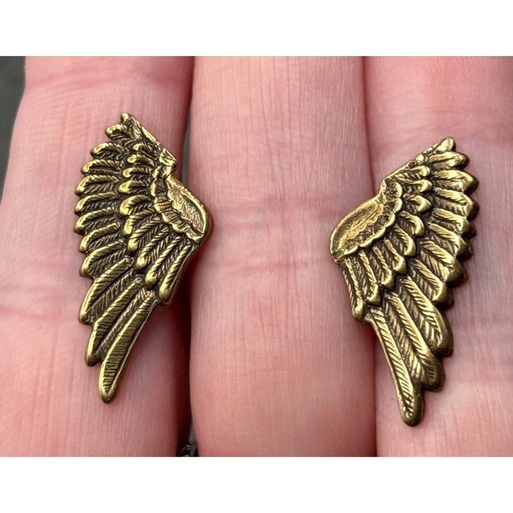 Vintage Angel Wing Stud Earrings Antiqued Bronze / Gold Tone Feather Design